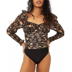 FREE PEOPLE Brunch Date Sheer Bodysuit Floral Print Top Blouse size Small